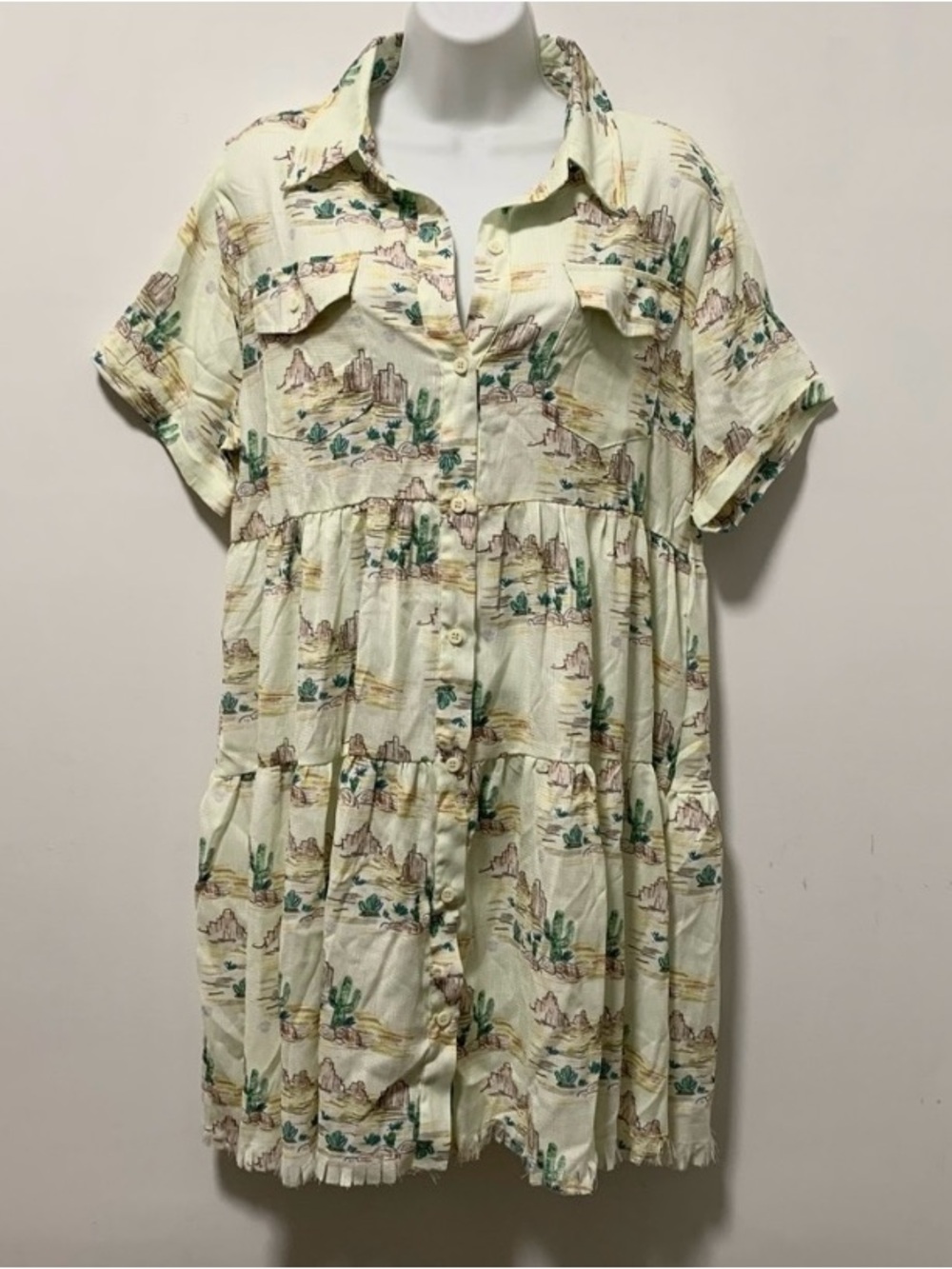 Button-Front Desert Print Shirt Dress in Pale Cream